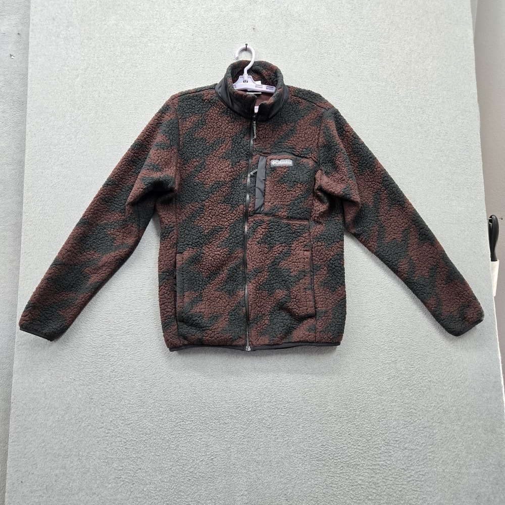 Columbia Men Jacket S Brown Houndstooth Fleece Winter Pass Zipper Logo